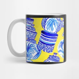 Blue and white chinoiserie jars on yellow background Mug